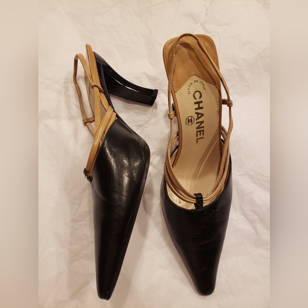 USED Chanel Shoes with Curved high Heels. Size 6.5 - Picture 3 of 13
